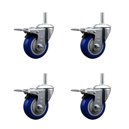 Service Caster 35 Inch Blue Polyurethane Swivel 58 Inch Threaded Stem Caster Set with Total Lock Brake SCC-TSTTL20S3514-PPUB-BLUE-58212-4